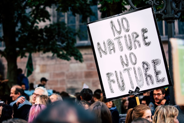 Protest sign reading “No Nature No Future” held in a crowd of people.